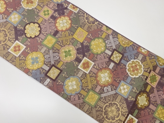 リサイクル　唐織襷格子に花菱模様織出し袋帯